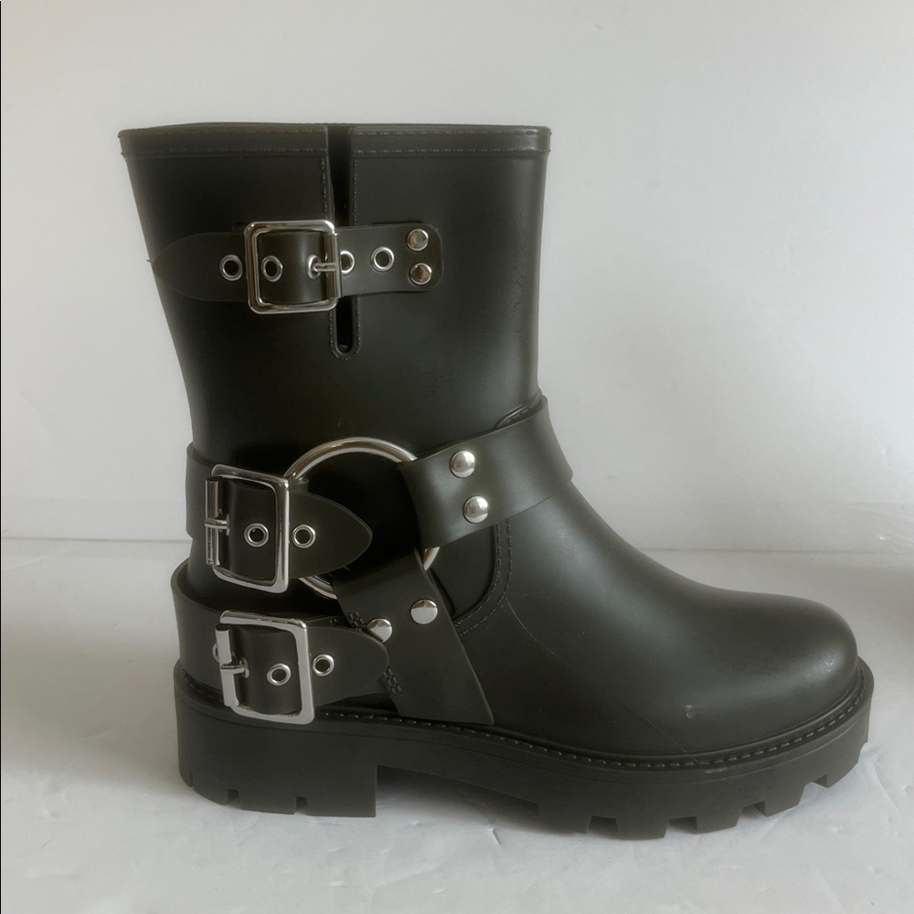 JEFFREY CAMPBELL Controller Green Matte Silver Buckle Moto Rain Boots Size 6 NEW - Picture 8 of 12
